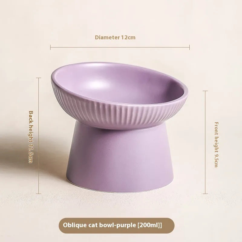 Striped oblique matte purple anti-tumble porcelain cat goblet rice bowl on a light background