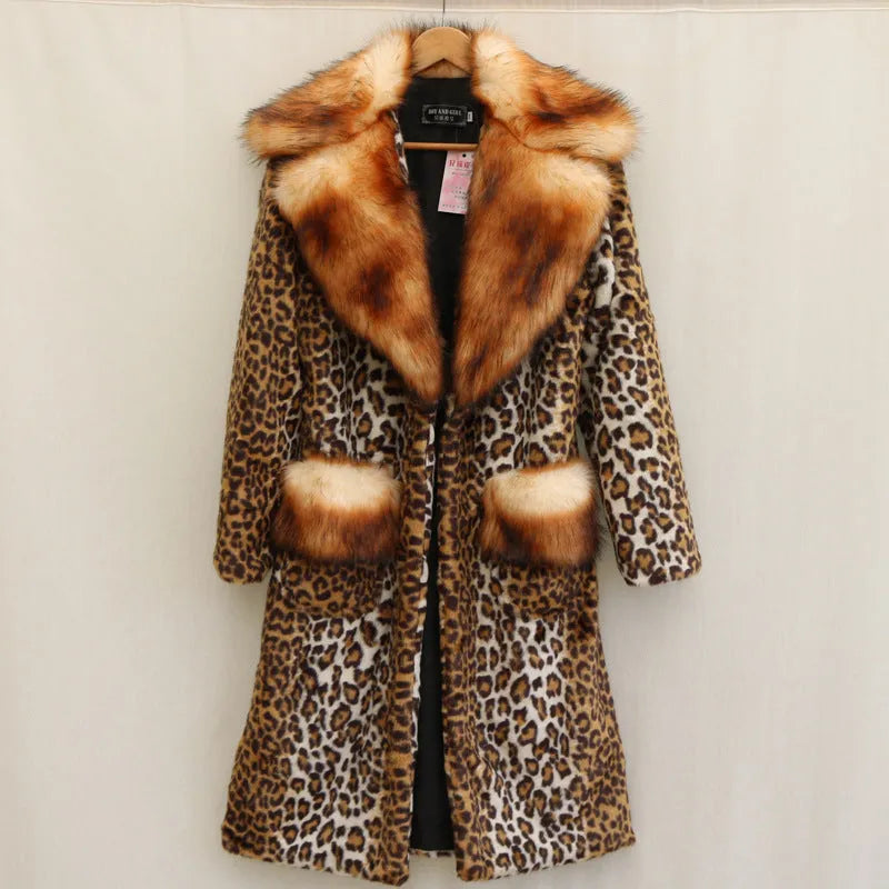 Women's leopard print artificial fur jacket with regular sleeves and 80cm length