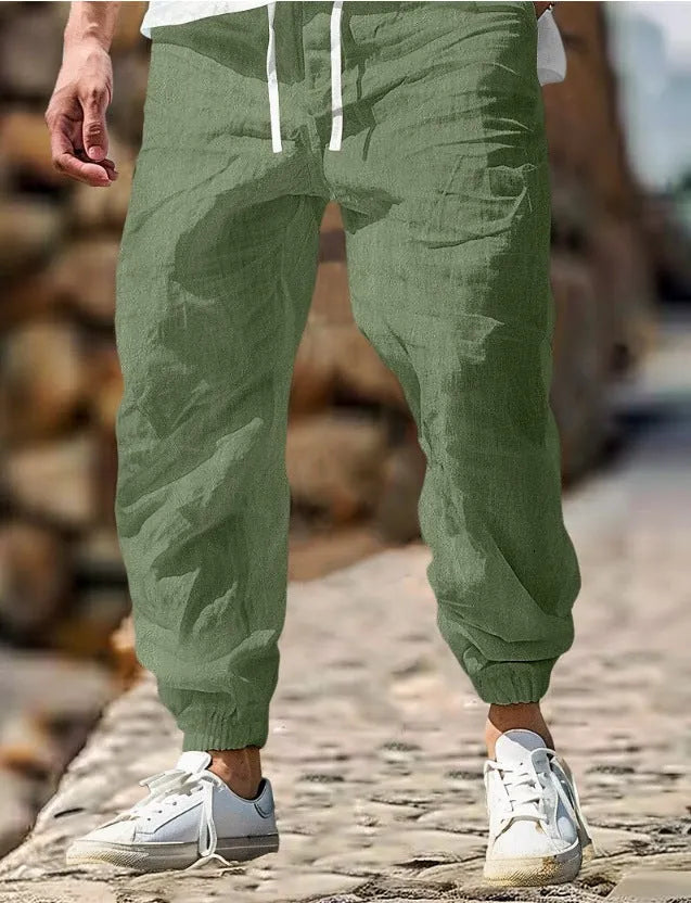 Men's straight-leg linen trousers with elastic waist in multiple colour options