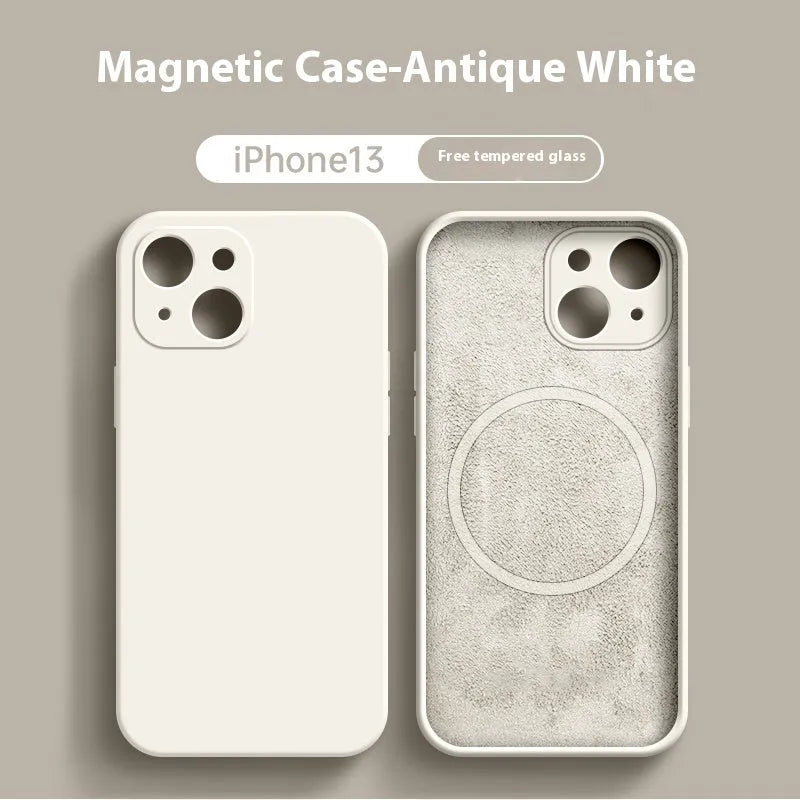 Liquid silicone magnetic phone case in solid colour compatible with iPhone 12 and 13 series