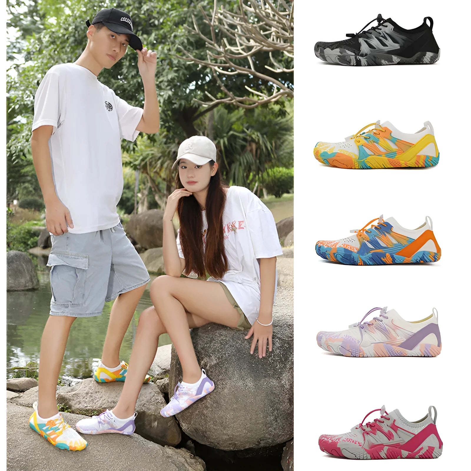 A pair of quick-drying lace-up beach shoes in a mesh material with a rubber non-slip sole.