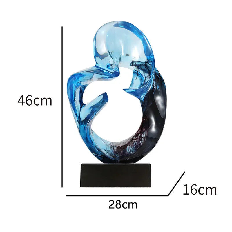 A transparent resin sculpture ornament in a modern style, shown in blue and orange red colour options.