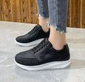 Plus size women's black sports running shoes with rhinestone accents, non-slip rubber sole, and front lace-up closure