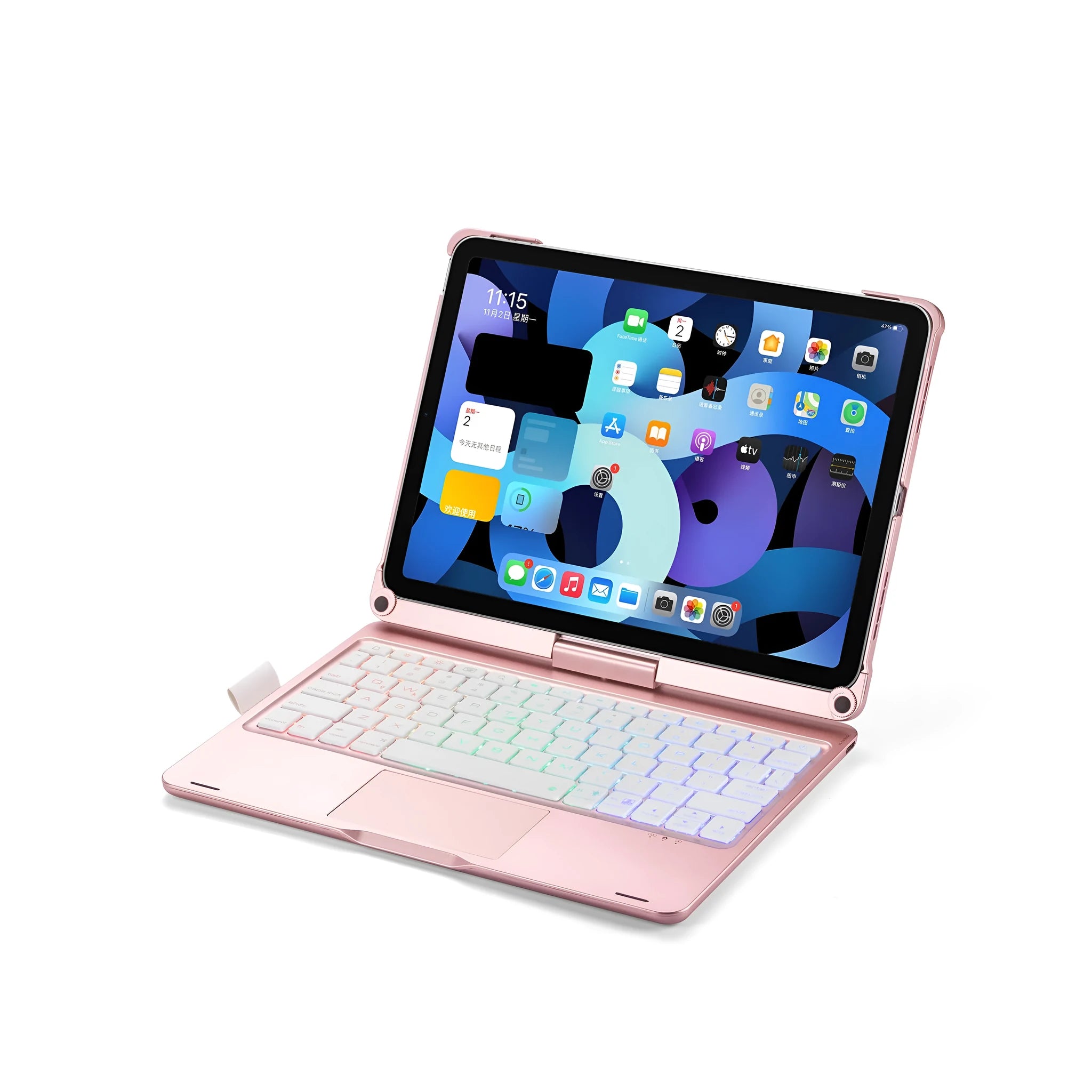 Rotating Bluetooth keyboard with backlight for iPad Pro and Air tablets in black, silver, or rose gold