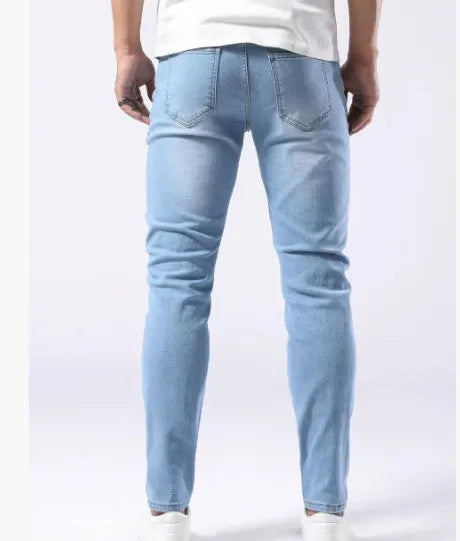 Men's light blue slim-fit stretch jeans with water-washed cotton denim