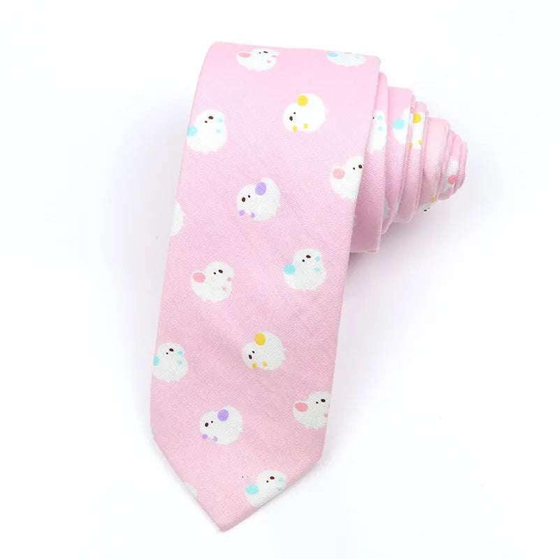 Narrow cotton bow tie with cartoon print, shown untied.