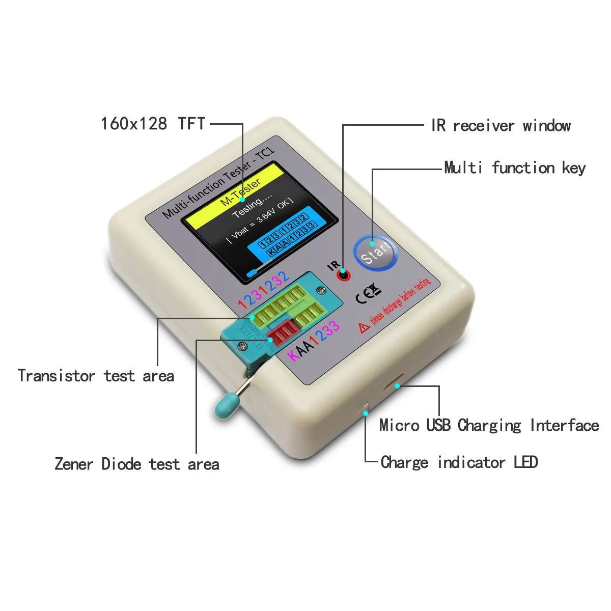 LCR-TC1 multi-function transistor tester with full colour screen showing component test results on portable 90x70x10mm device