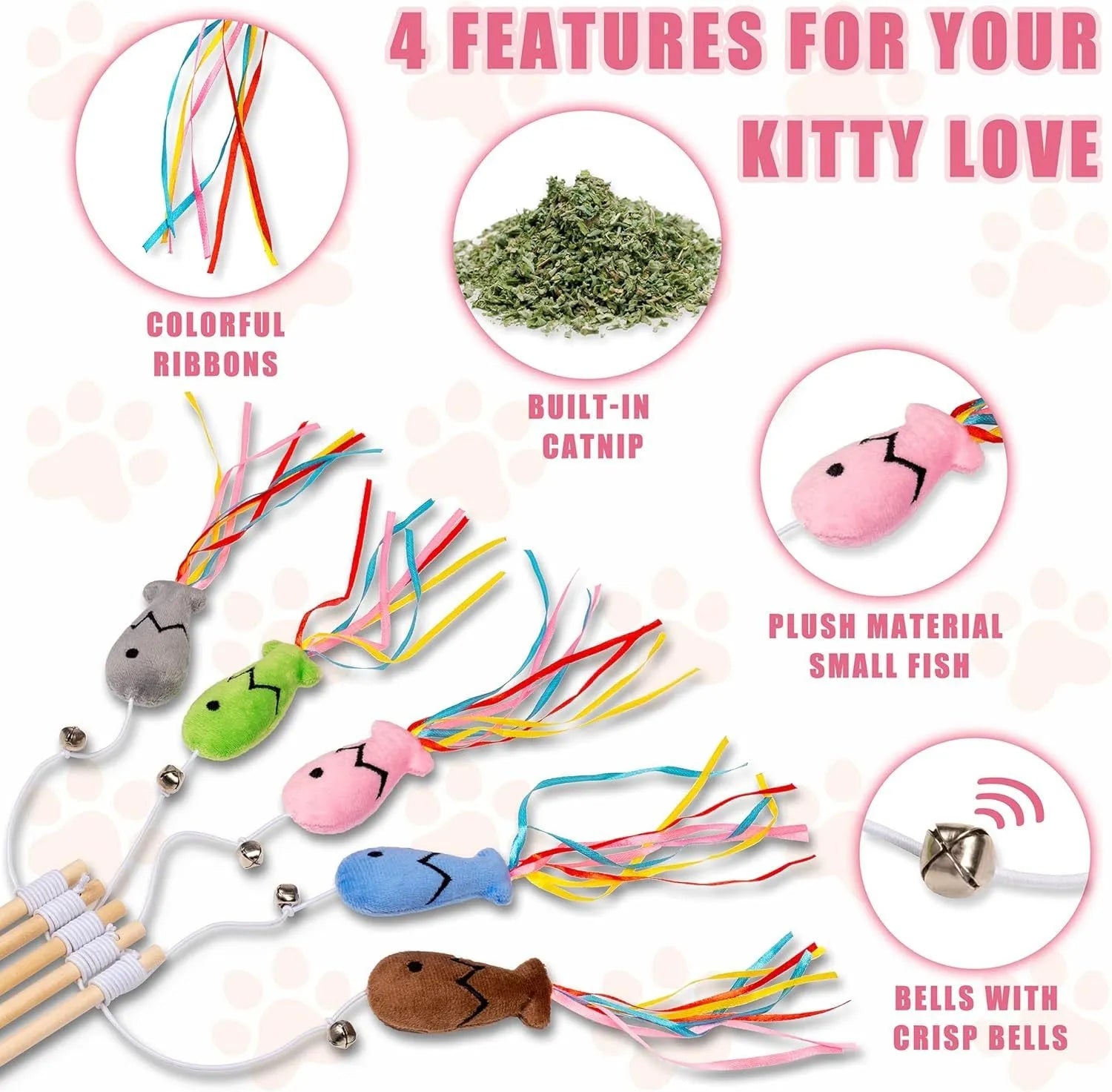Cat wand toy with wooden handle, colourful ribbons, catnip fish, and bell for interactive play