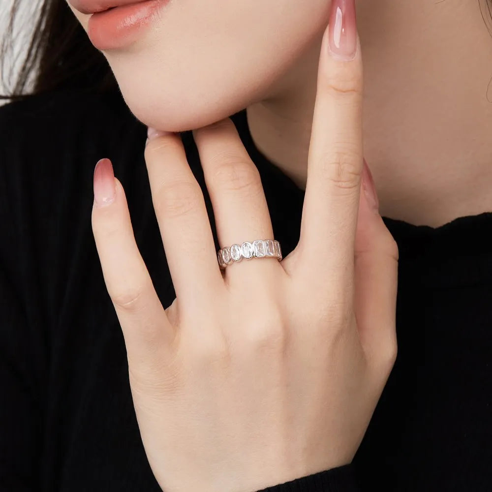S925 sterling silver geometric stackable ring with full diamond oval rectangular surface on white background