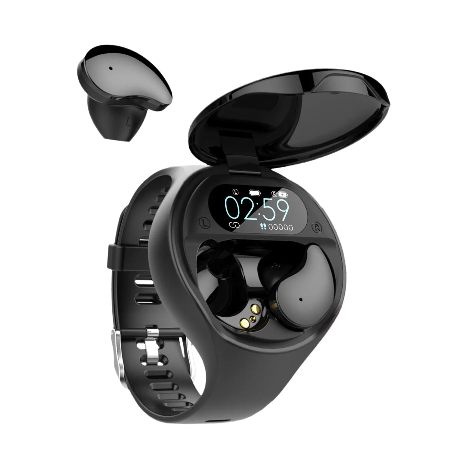 Black smart bracelet with detachable Bluetooth earphones showing colour screen display and heart rate monitoring