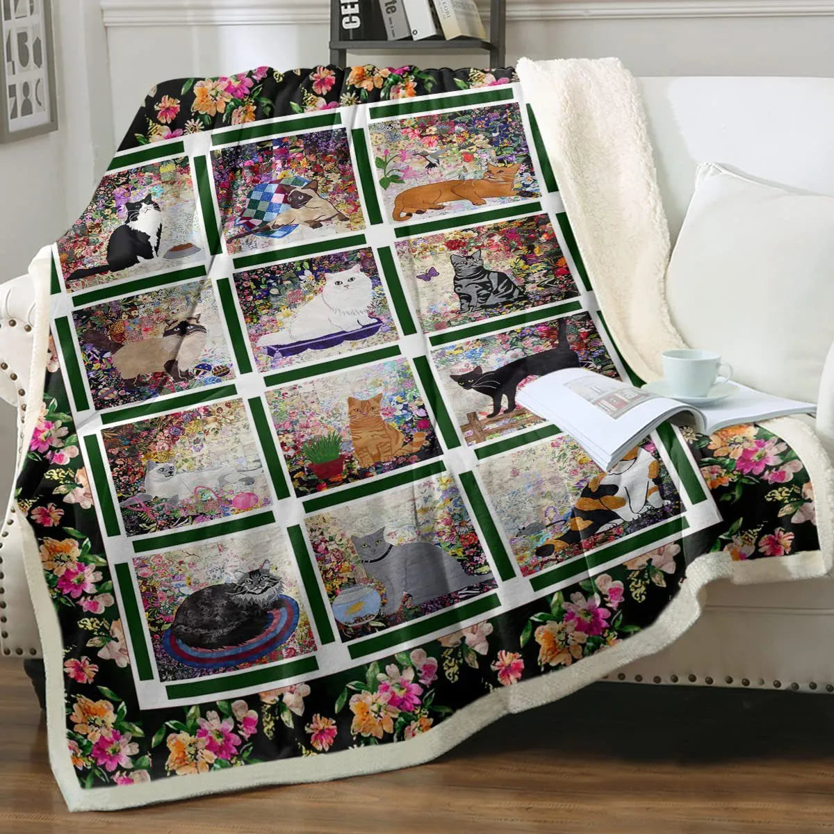 Cat sherpa blanket with animal pattern printing double layer children polyester fibre throw in multiple colours and sizes
