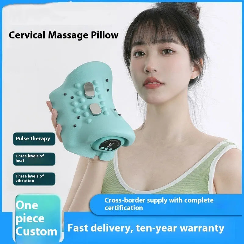 Blue-green portable EMS massage pillow showing compact 17x10x12cm size with hot compress and vibration features