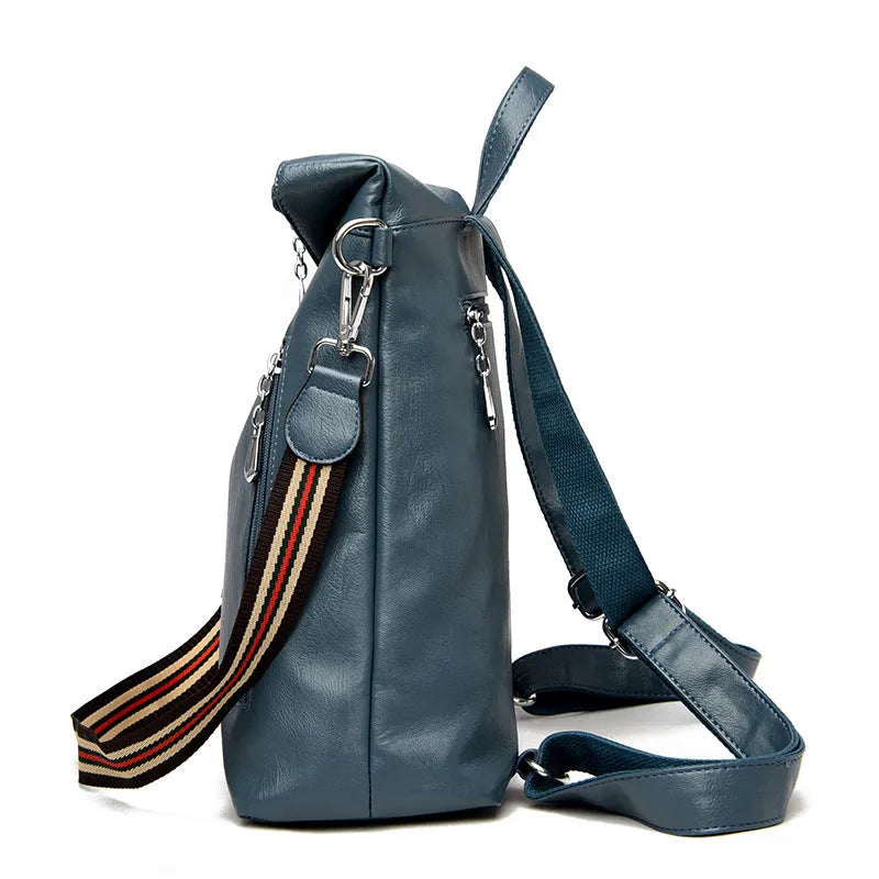 Anti-theft password backpack for women in blue with PU outer, nylon lining, soft build and outer slit pocket