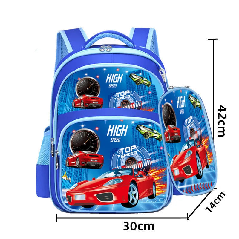 Blue children's cartoon backpack with load-reducing straps and a pencil case attached.