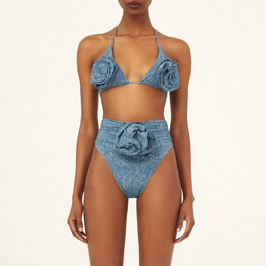 Women's decorative one-piece swimsuit with flower detailing and one-shoulder design in nylon fabric