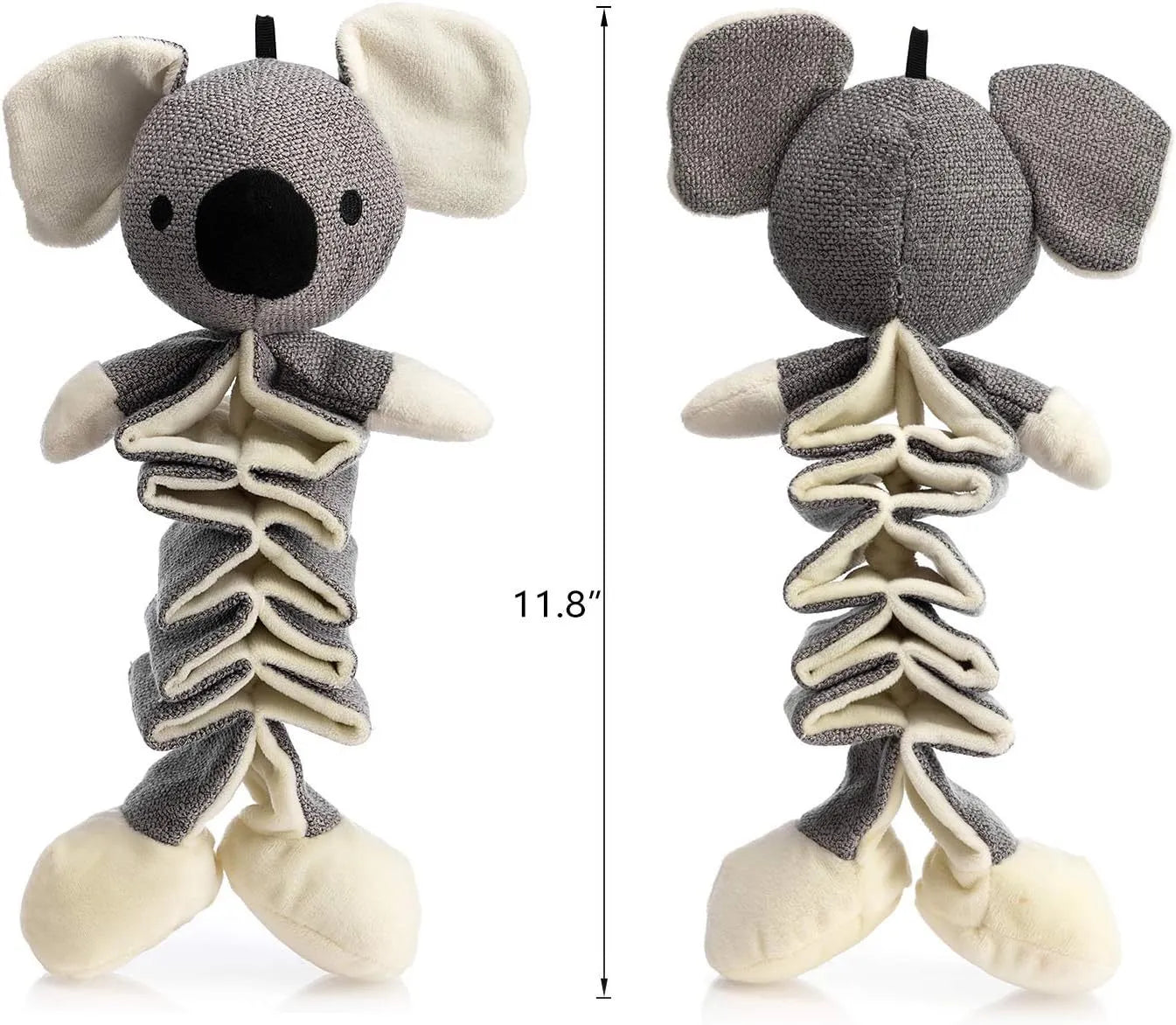 Grey koala plush dog toy measuring 30cm long with visible stitching and plush limb texture.