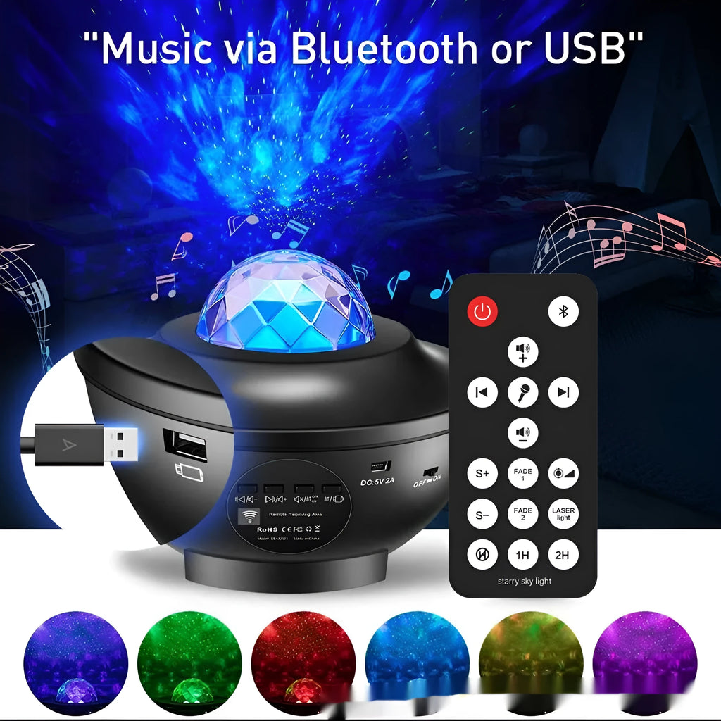 Black parallel style starry sky projection lamp with Bluetooth and remote control on a desktop