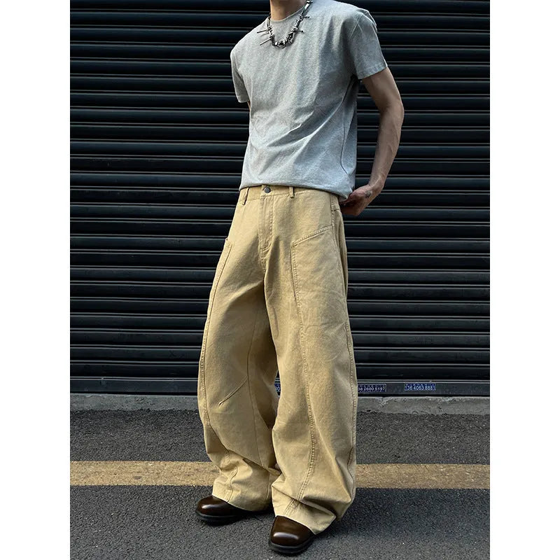 Men's straight-leg cotton trousers in solid khaki colour showing front view
