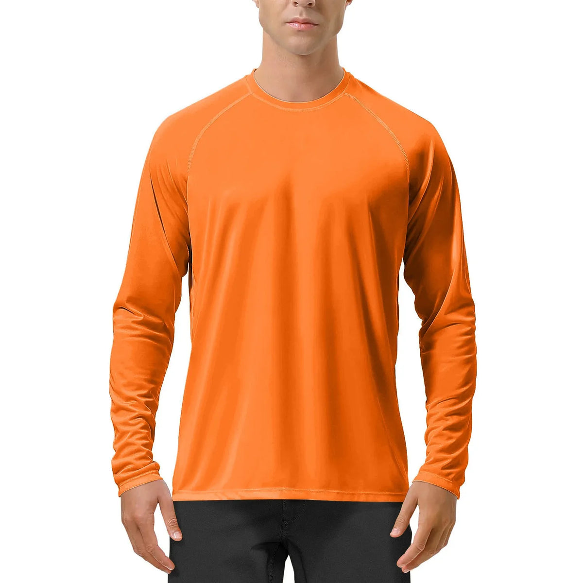 Quick-drying solid colour round neck long sleeve sports training top for men, polyester, UV protection, multiple colours