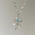 S925 sterling silver blue jellyfish necklace with white gold colour finish on adjustable chain