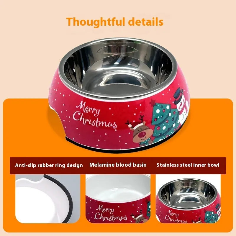 Red Christmas pet bowl with double-layer stainless steel construction in three available sizes