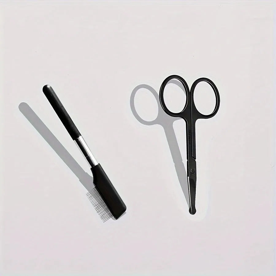 Black pet eye grooming brush with soft bristles and comb attachment for tear stain removal