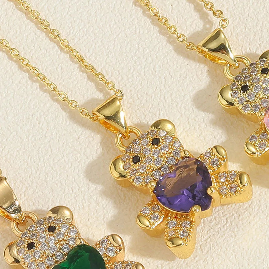 Copper bear necklace with micro inlaid zircon and love gem, 41-50cm chain, six colour options