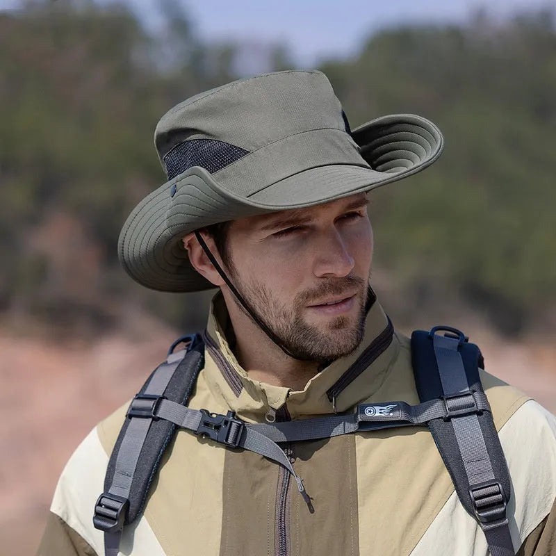 Men's polyester mesh sun protection bucket hat with flat top crown in army green, black, and navy blue