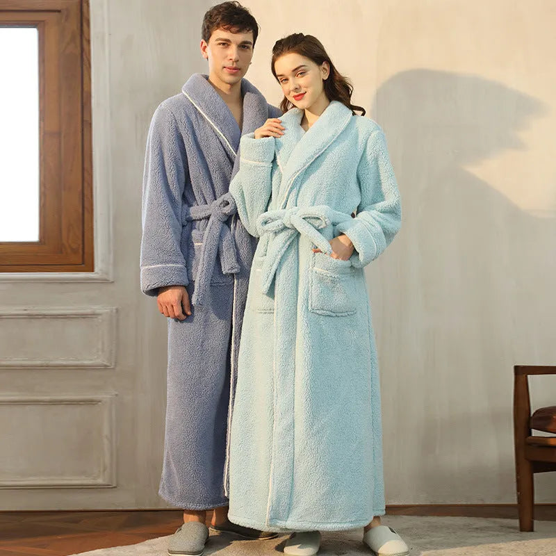 Heavy flannel couple's bathrobe in winter colours with extended sizing options