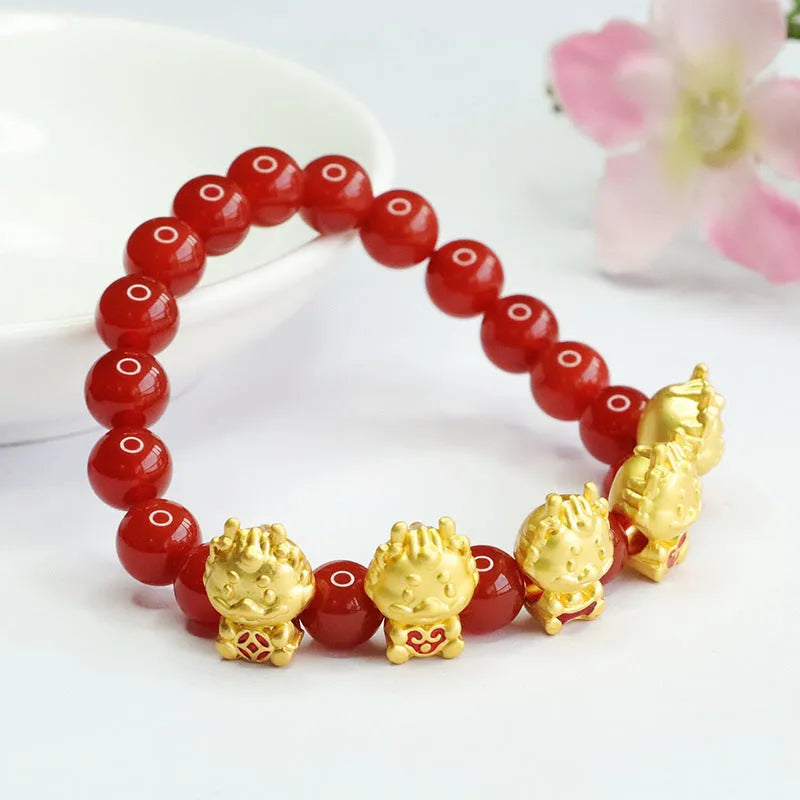 Natural red agate bracelet with carved five blessing dragon motif, 8mm bead size
