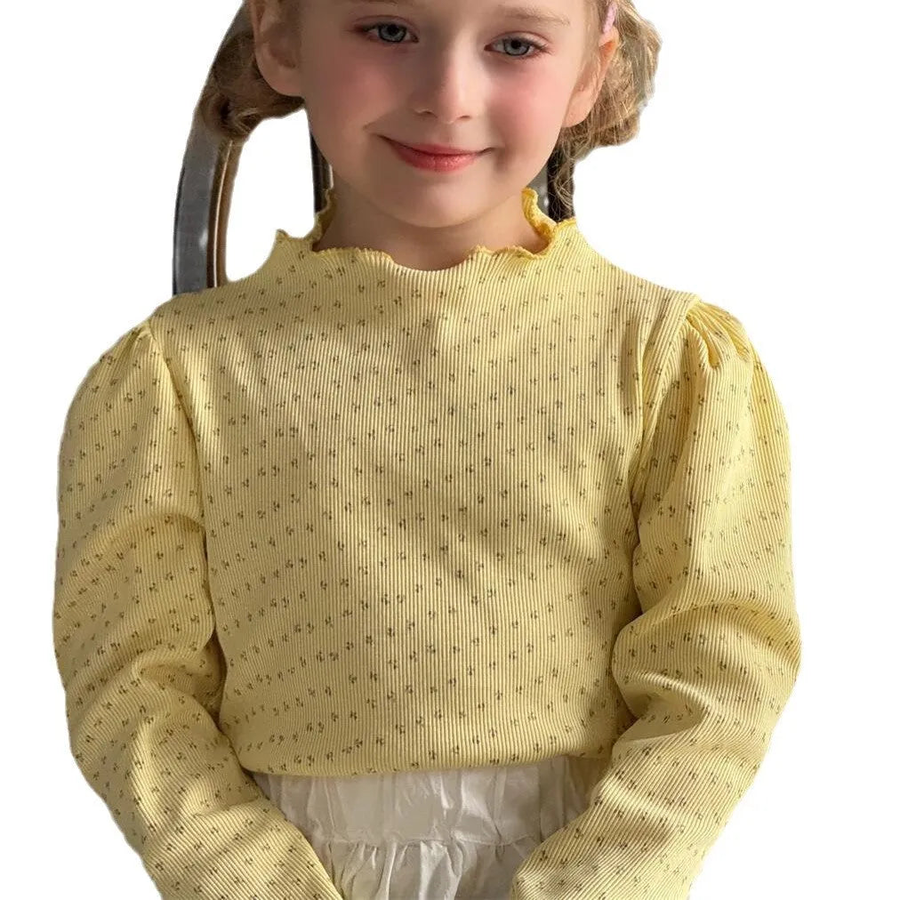 Girls' yellow floral knitted pullover with wooden ear detail and bubble sleeves, cotton, long sleeve