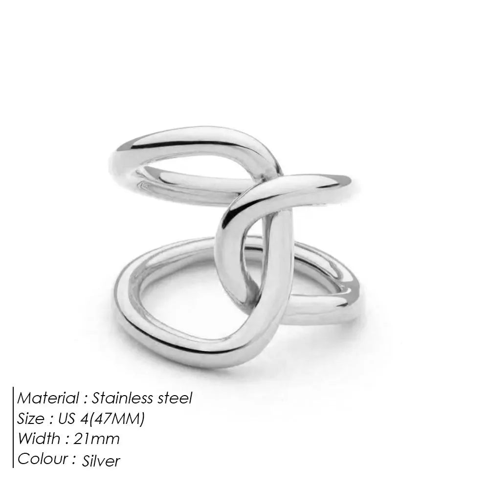 Women's stainless steel adjustable ring with knotted detail in gold or steel colour on a grey background.