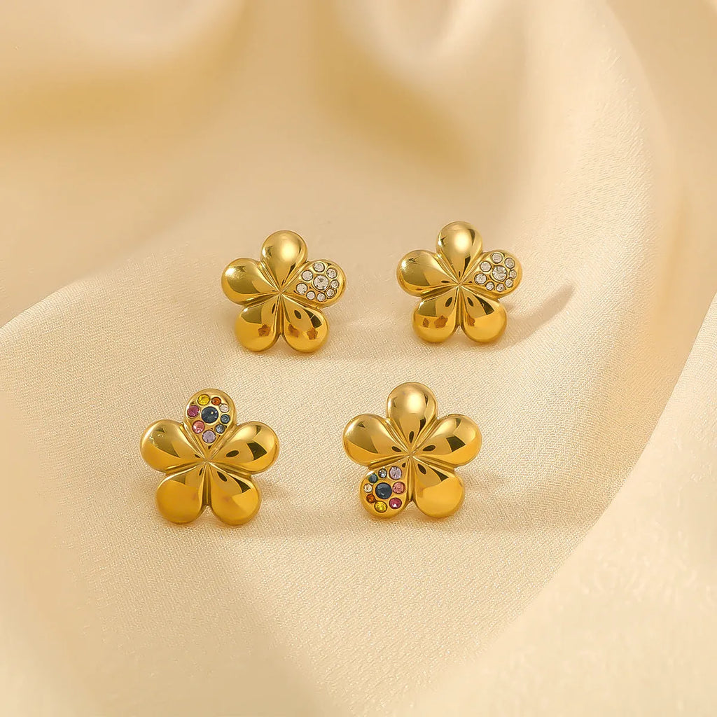 Popular flower earrings with diamond inlay in stainless steel with 18K gold plating