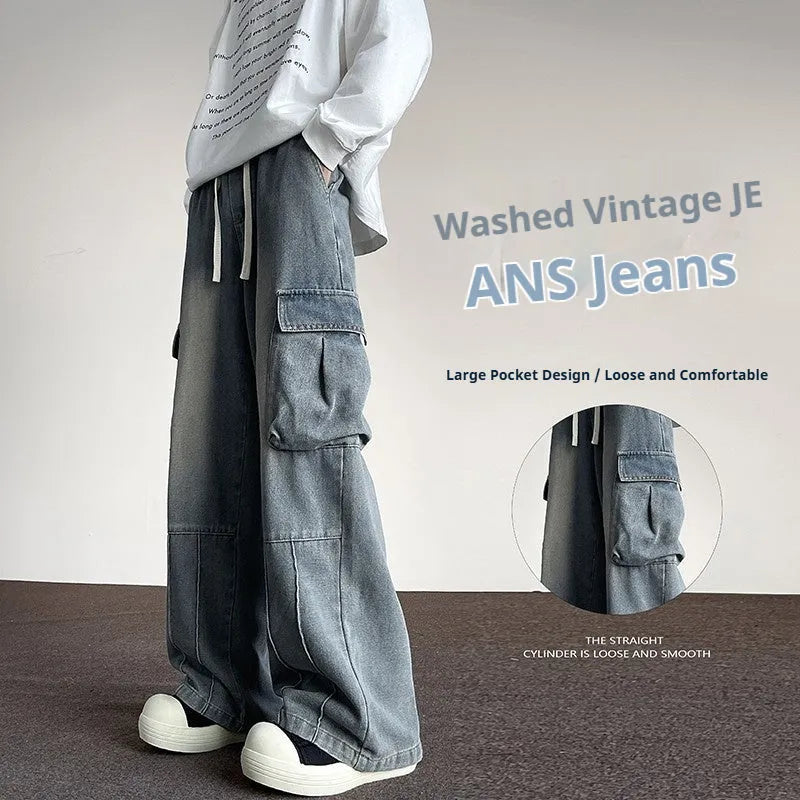Washed vintage denim men's casual wide-leg pants with drawstring waist and multiple pockets, blue colour, front view