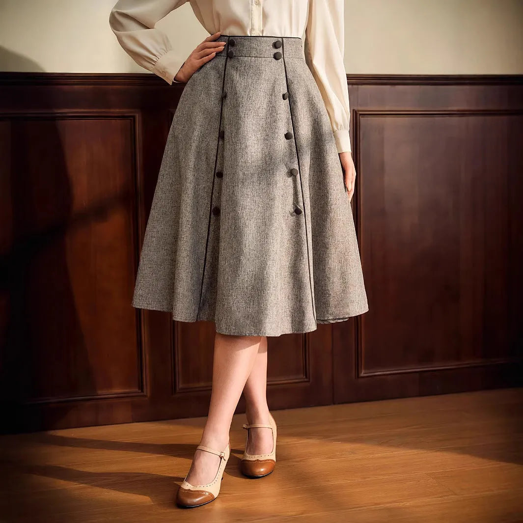 Khaki high-waisted A-line skirt for women with three-dimensional decoration in S to XL