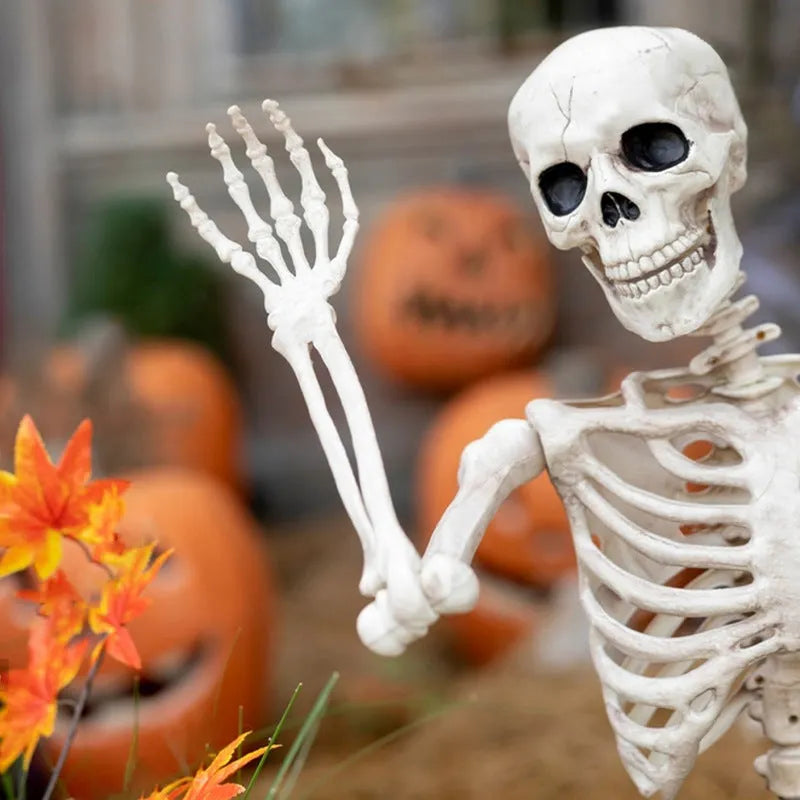 90cm tall posable plastic skeleton model for Halloween decoration displayed in a dynamic pose.