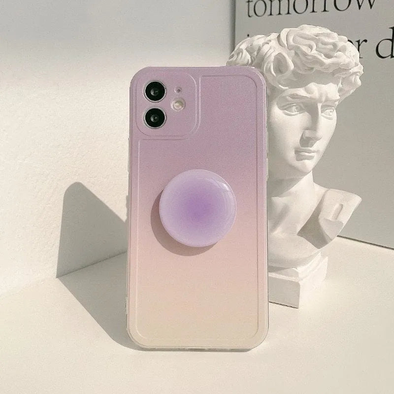 Yellow and purple gradient silicone iPhone case with a retractable X bracket extended.