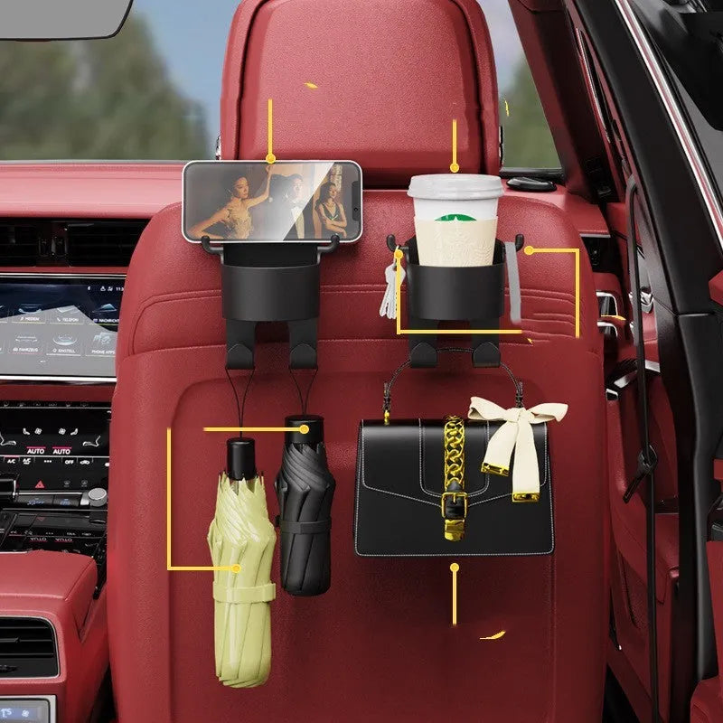 Black plastic car seat back hook with cup holder and hanging hooks for in-car organisation.