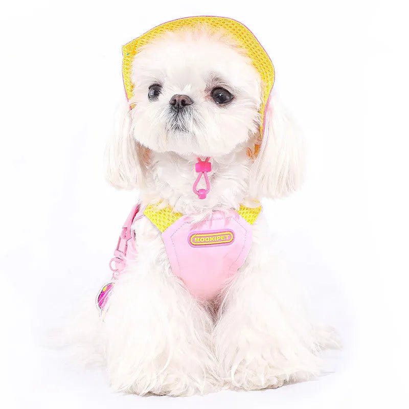 Pink polyester pet vest dog jacket shown on small breed dog