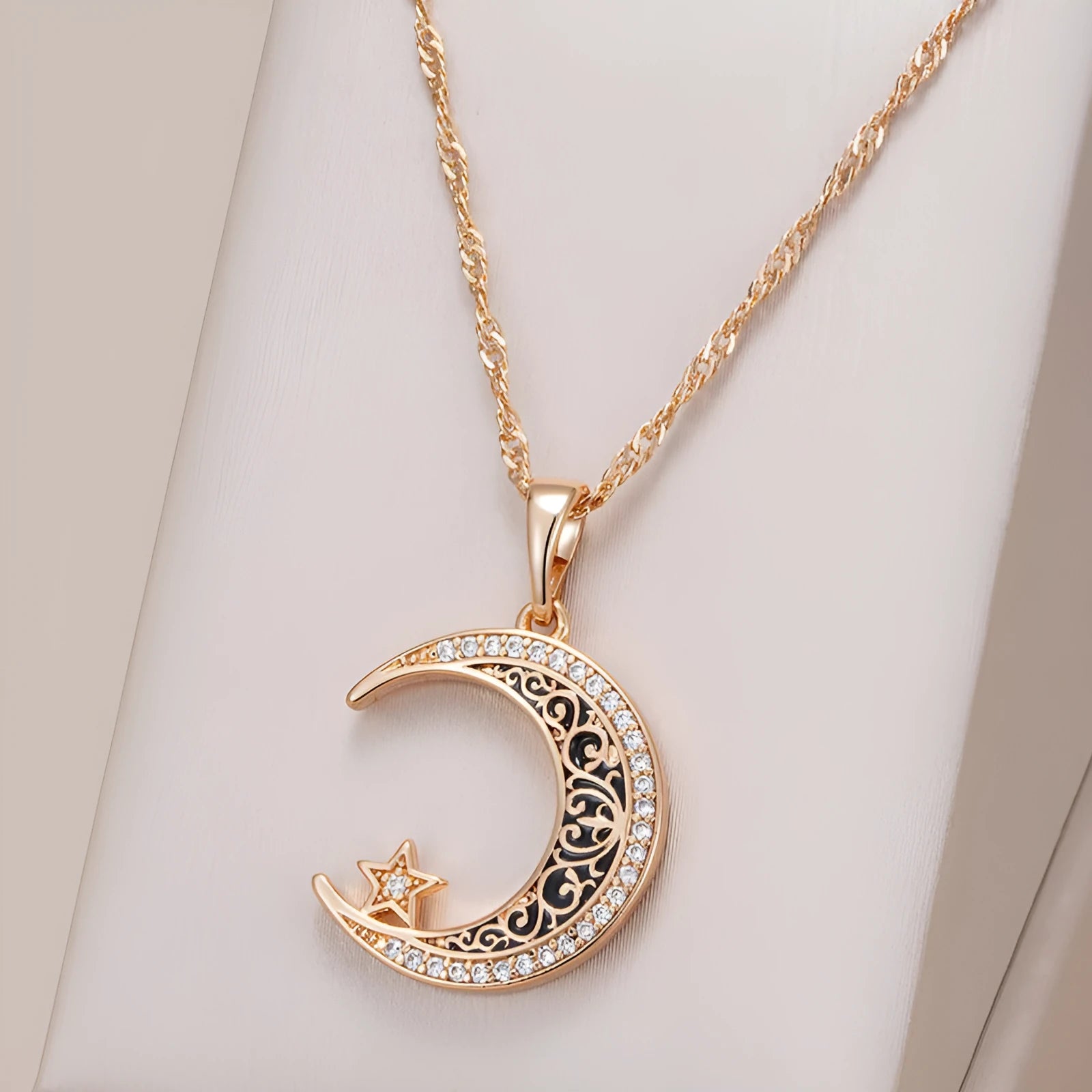 Rose gold necklace with star moon zircon pendant on water wave chain