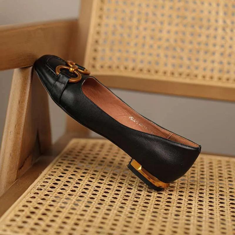 Women's black Wanwan Lei style Mary Jane pumps with a square toe and metal-decorated rubber sole.