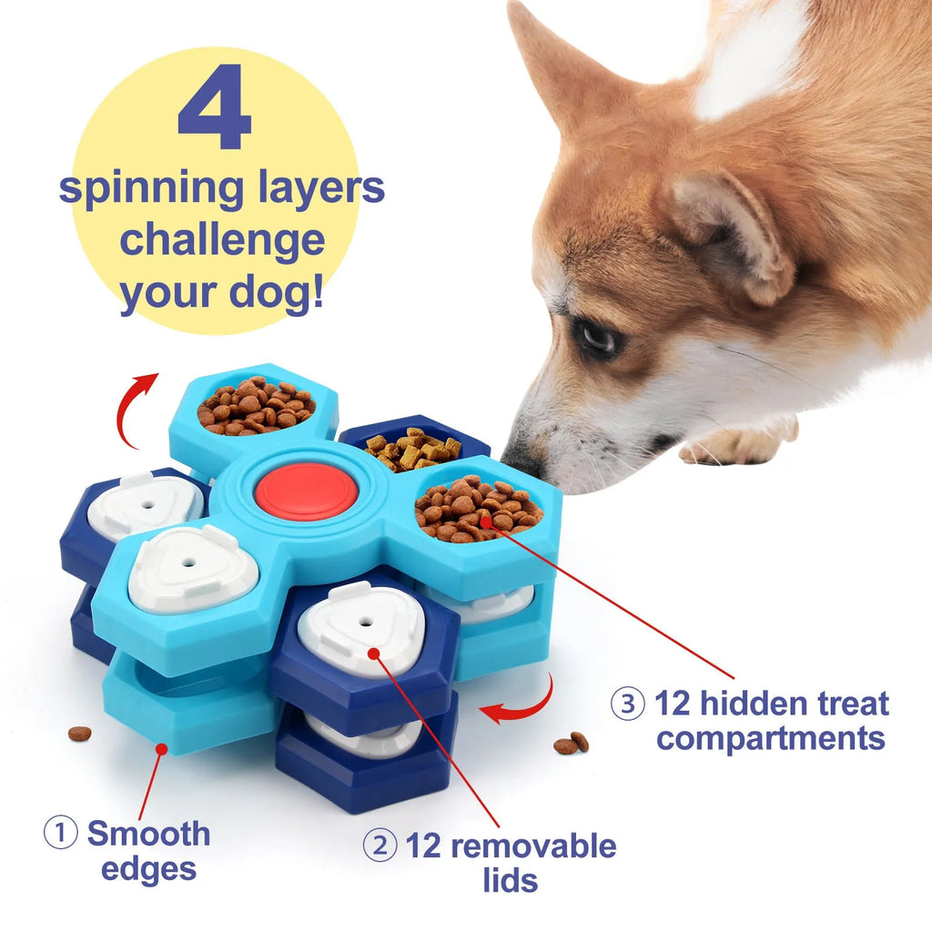 Blue plastic four-layer slow feeder puzzle dog bowl with non-slip base for interactive mealtime use