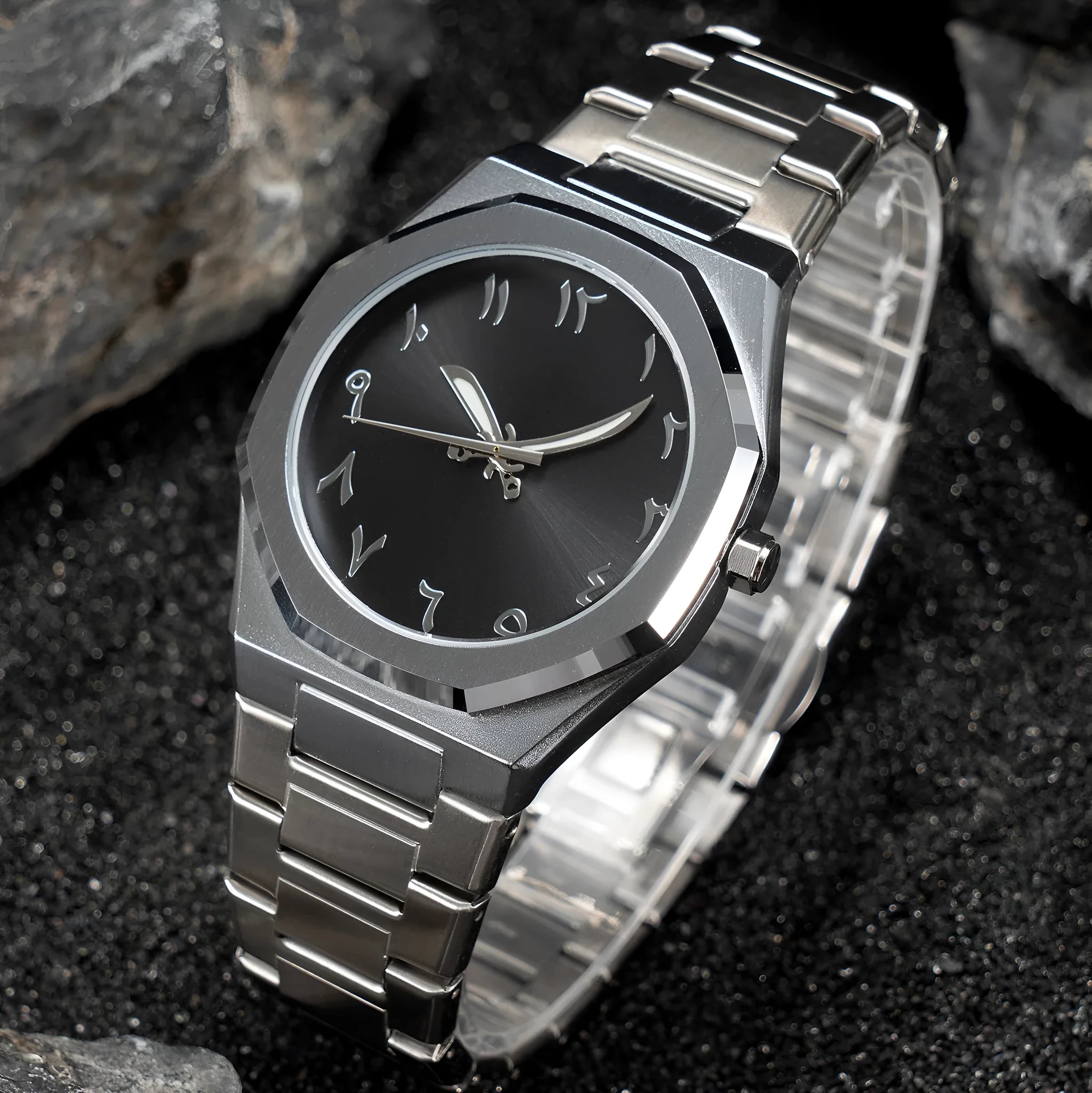 Men's business casual quartz watch with steel belt strap in black and silver colour options