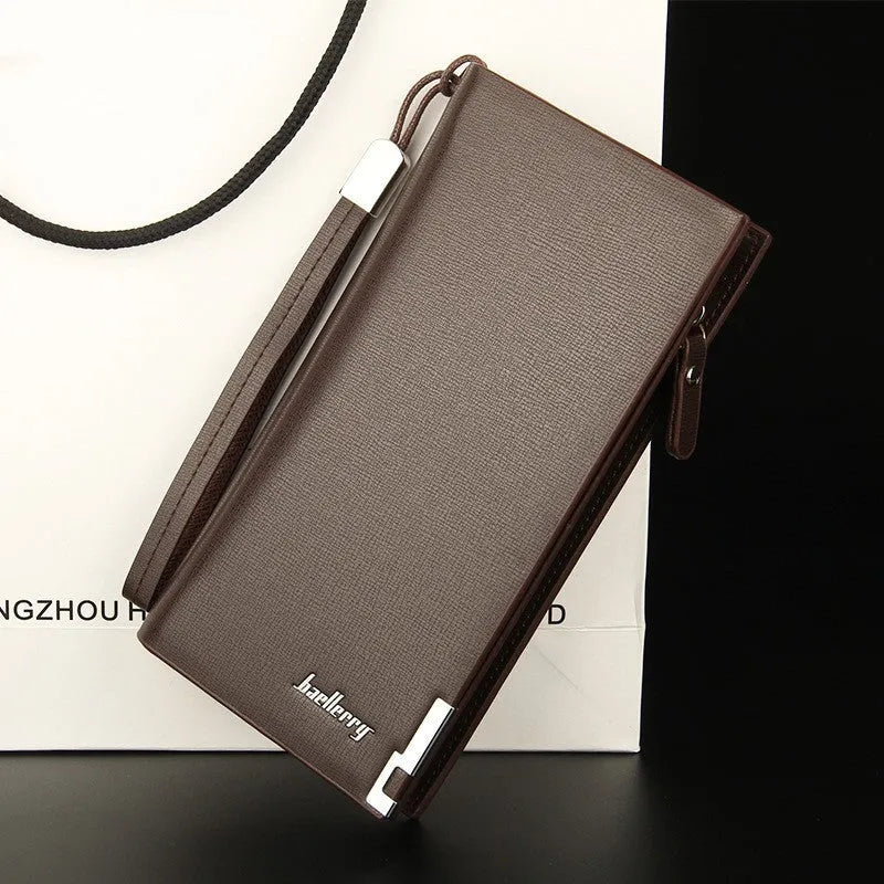 Men's long black PU leather zip wallet open to show seven card slots and zipped compartment