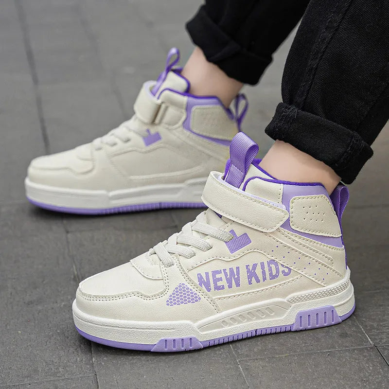Children's buckle-fastened outdoor sneakers in beige green, blue, white powder, and white & purple colours
