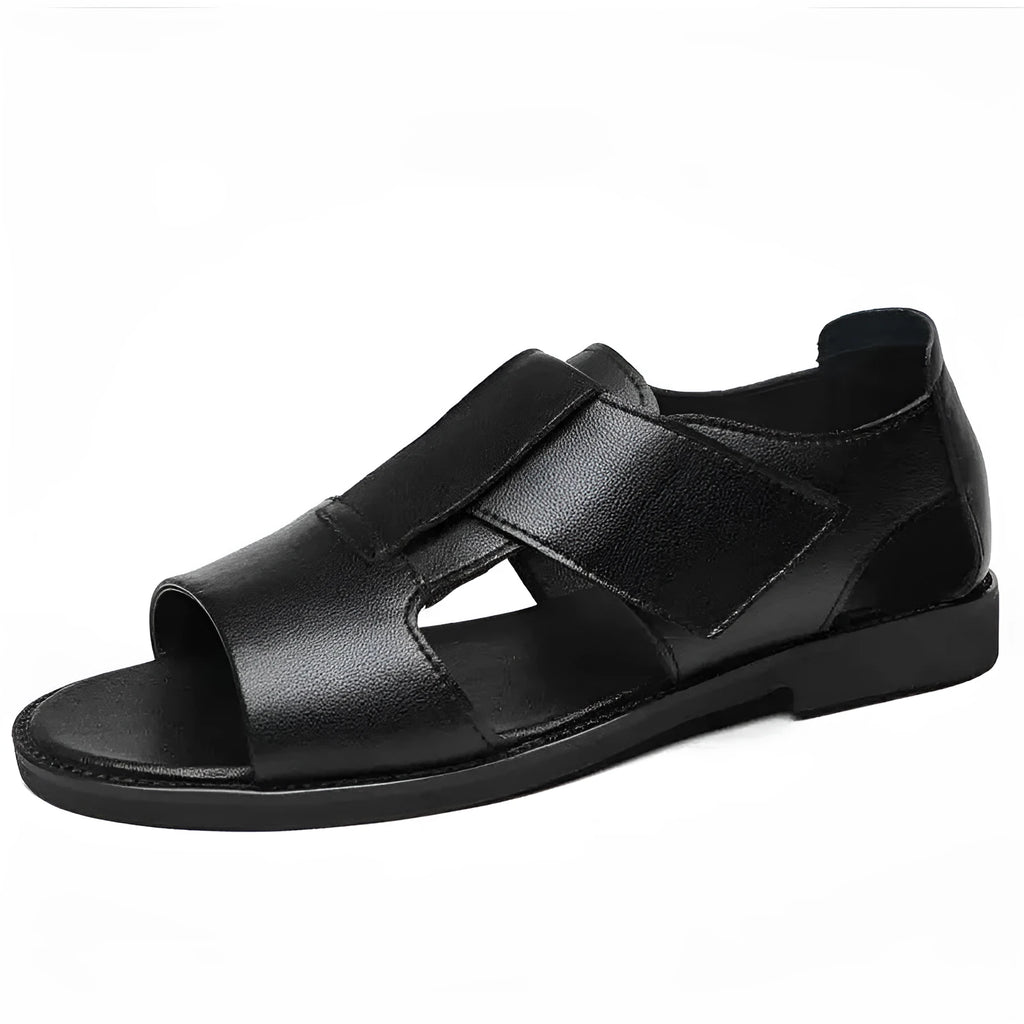 Men's black and brown leather casual sandals with open toe and rubber sole
