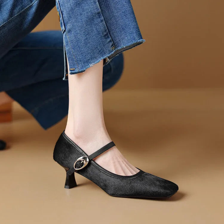 Women's black square toe stiletto ankle-strap shoes with a textured horse hair upper.