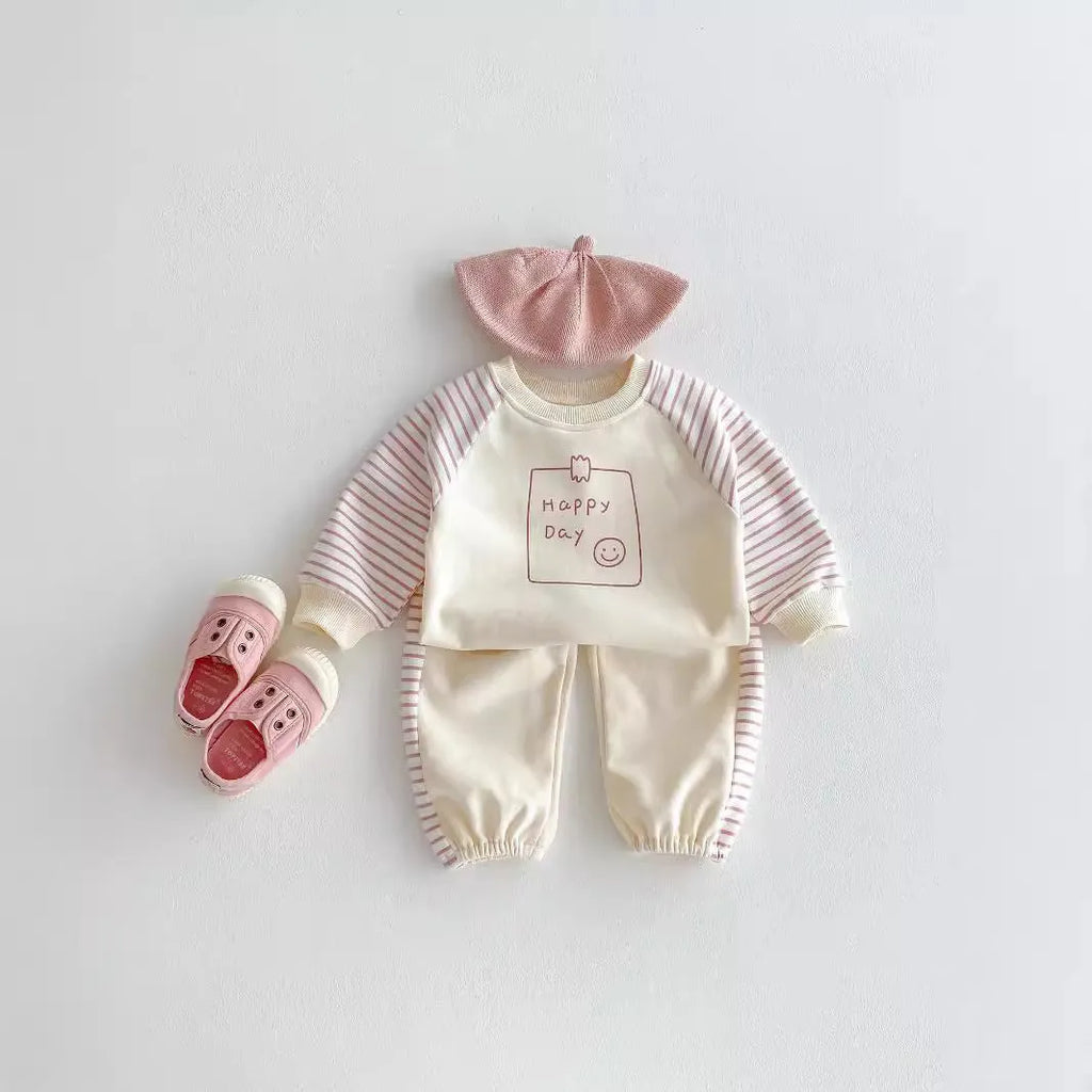 Children's cotton striped sweatshirt and sweatpants two-piece set in light beige, long sleeve pullover style