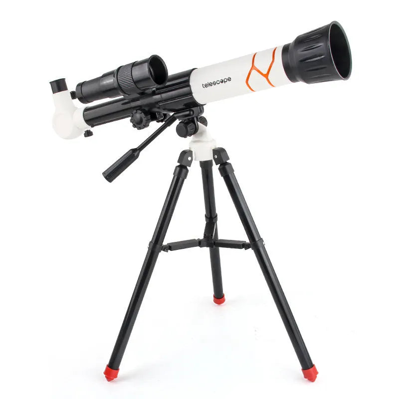 White and yellow kids astronomical telescope with tripod stand showing 150X magnification for youth education