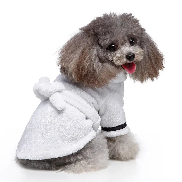 White hooded polyester pet bathrobe for dogs and cats, available in sizes S to XL